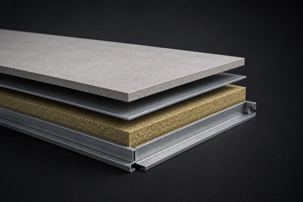 ESP panel cross-section showing exterior facing, mineral-wool core, and structural aluminum frame